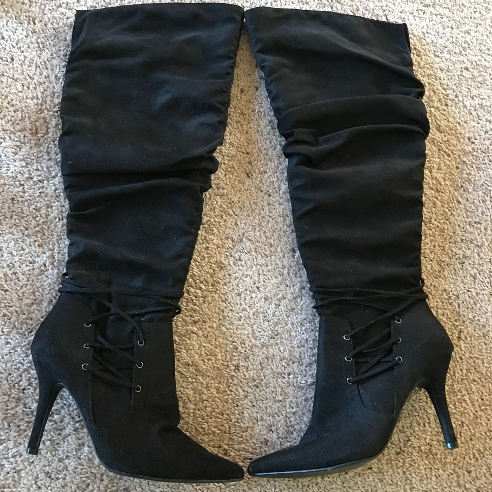 Spring Black Suede Knee High Boots